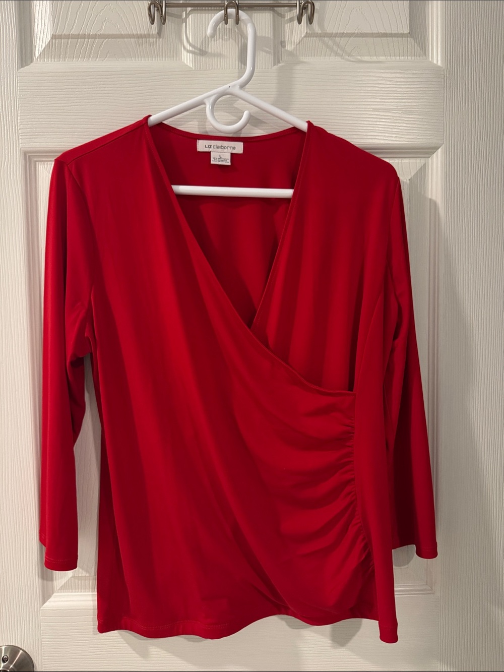 Liz Claiborne Bright Red Wrap-Style 3/4 Sleeve Top